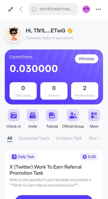 A screenshot of a mobile app interface for 'worktoearnoe...' showing 0.030000 current points, with task categories like Check-in, Invite, Tutorial, and Official Group.