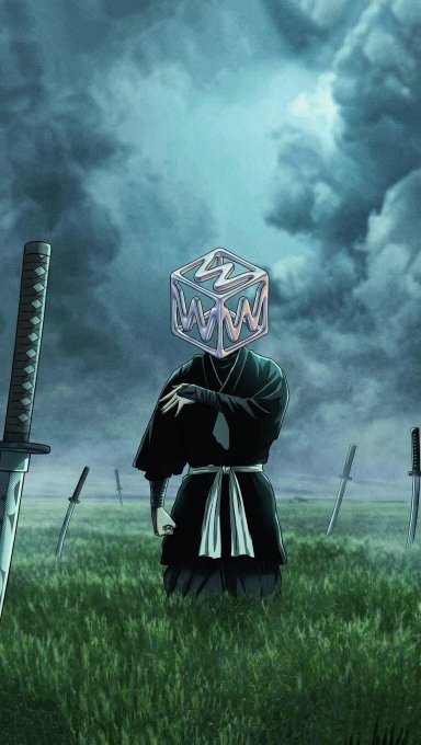 An anime-style illustration depicts a figure in traditional dark robes with a geometric cube for a head, standing in a misty field with katana swords plunged into the ground around them.