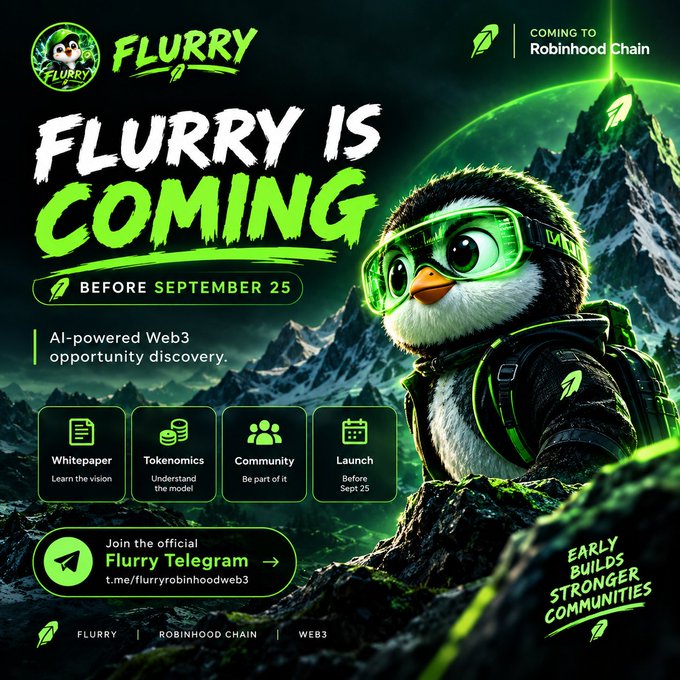 A promotional poster for 'FLURRY IS COMING' before September 25, featuring a cartoon penguin wearing green glasses and a backpack, promoting AI-powered Web3 opportunity discovery and their Telegram channel.
