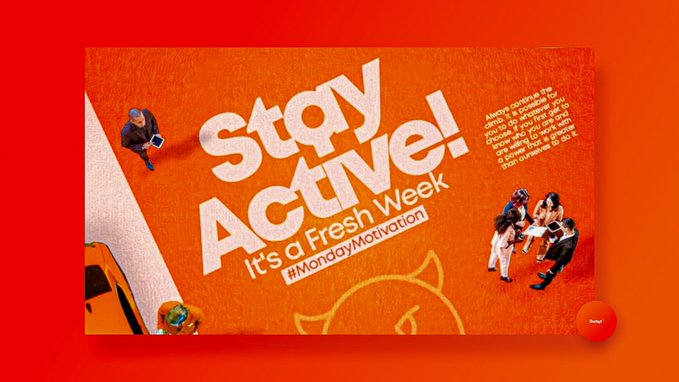 Bright orange promotional graphic reading 'Stay Active! It's a Fresh Week #MondayMotivation' featuring small photos of people exercising and working out.