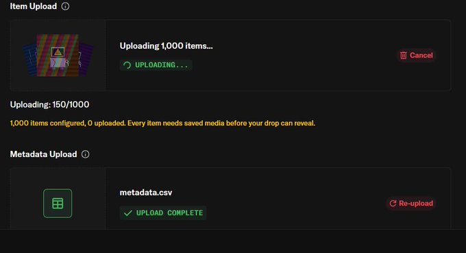 A dark-themed upload interface showing 'Item Upload' in progress with 'Uploading 1,000 items...' and 'Metadata Load' complete for 'metadata.csv'.