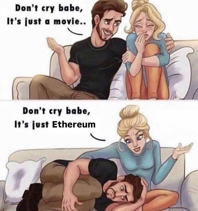A cartoon man and woman sit on a couch, with the man holding the woman's hand and the woman looking sad or upset.