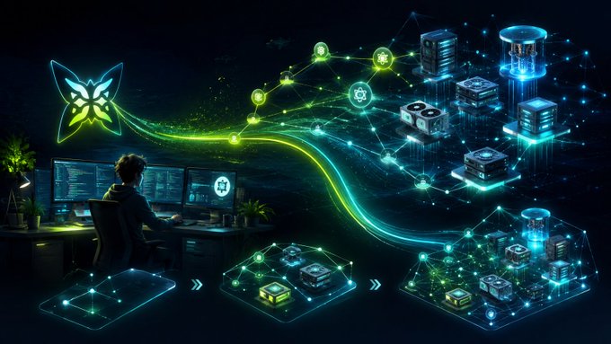 A digital illustration shows a person at a computer desk connected via glowing green lines to floating 3D data structures and icons.