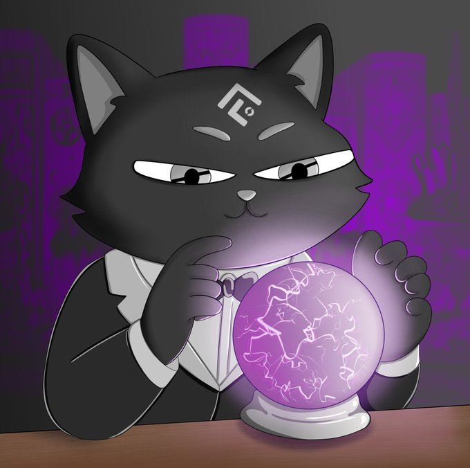 A cartoon illustration of a black cat character with a third eye symbol on its forehead, wearing a white shirt, and looking into a glowing purple crystal ball.