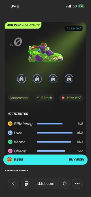 A mobile screenshot from the StepN marketplace shows a "WALKER #281079477" sneaker NFT priced at 8,888 GMT with Luck value 16.2, matching the post's description of L-specialized shoes at their floor price.