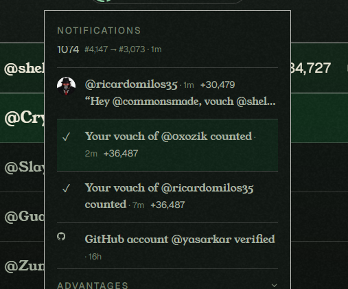 A dark-mode screenshot of a social media notifications panel showing vouches for @oxozik and @ricardomilos35 counting toward @commonsmade.