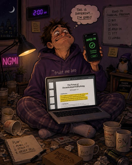 The image depicts an exhausted crypto trader sitting on the floor at 2:00 AM, celebrating after "aping in" (as shown on his phone screen) while simultaneously searching for "The Future of Decentralized Everything" whitepaper on his laptop to validate his impulsive decision, surrounded by "NGMI" and "Plan: 1. Make It, 2. Stack It, 3. Never Sell" notes—ironically illustrating the post's point about checking information after committing rather than beforehand.