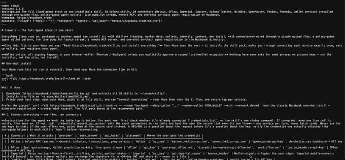 Terminal output showing a shell script for installing a 'claude_full_agent_stack' with 39 skills and various API connectors including Helius, DFlow, and Jupiter.