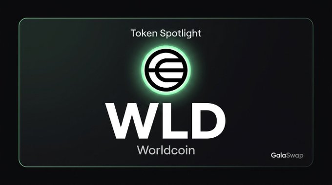 The image features a screenshot of a poster for Worldcoin, an e-coin based on the GalaSwap protocol. The poster is in black color with white text. The most prominent element in the image is the logo of the coin which says "WLD" and appears to be glowing green, giving it a bright appearance against the dark background. This design choice emphasizes the uniqueness of the coin and its associated technology, making it stand out from other coins on the market. In addition, there are two smaller text elements located near the bottom center area of the image that provide more information about this particular coin and the platform where it is being used - "GalaSwap" and "Worldcoin".