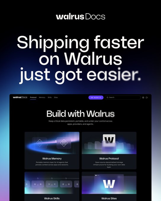 A dark promotional image for Walrus Docs features the headline "Shipping faster on Walrus just got easier." above a screenshot of the redesigned docs.wal.app homepage, which displays a "Build with Walrus" section with four product tiles: Walrus Memory, Walrus Protocol, Walrus Skills, and Walrus Sites.