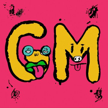 A punk-style illustration with graffiti-style yellow letters "C M" on a bright pink background, featuring a small cartoon frog with two faces and a tongue sticking out.