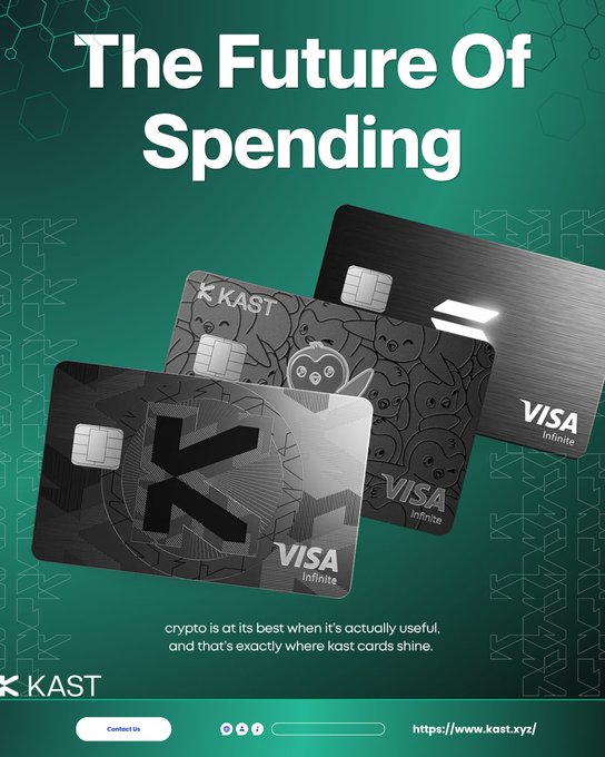 The image features three different types of credit card designs from various banks including Visa and Mastercard. The text on the poster reads "THE FUTURE OF SPENDING" and "THE FUTURE OF CRYPTOCURRENCY". The main focus is on a KAST Card, which is designed to be used as payment for Bitcoin or other cryptocurrencies. The card allows users to use their stablecoins in various locations where Visa cards are accepted, such as major banks and ATMs. This enables the user to make purchases using their cryptocurrency without needing to exchange it for traditional currency.