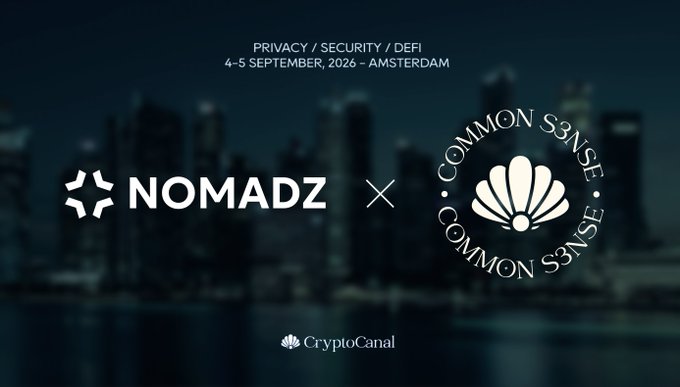 A promotional graphic for an event features logos for 'NOMADZ' and 'COMMON SENSE', with text reading 'PRIVACY / SECURITY / DEFI', '4-5 SEPTEMBER, 2026 - AMSTERDAM', and 'CryptoCanal' against a dark city skyline.