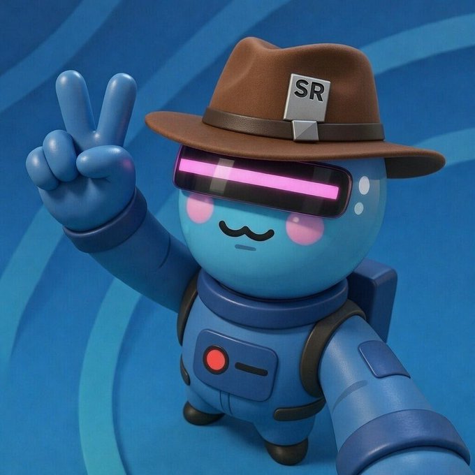 A cheerful blue robot wearing a brown scout hat featuring an "SR" badge flashes a peace sign ✌️, perfectly matching the friendly "GM" (Good Morning) vibe of the post wishing everyone a great long weekend.
