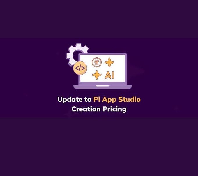 The image displays a graphic announcing an "Update to Pi App Studio Creation Pricing," featuring a purple background with a laptop icon showing AI and coding symbols alongside a gear. This visual supports the post's announcement about Pi Network's pricing changes for app creation, which shifted from a subsidized 0.25 Pi rate to standard pricing reflecting actual AI resource costs, effective August 24.
