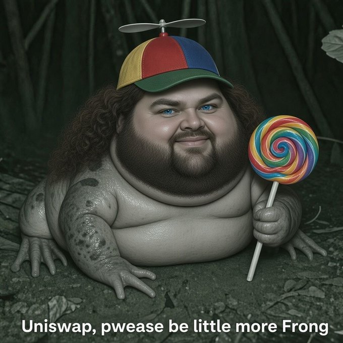 A chubby, gray-skinned frog-like creature with a propeller beanie holds a giant rainbow lollipop in a forest setting, with the caption "Uniswap, pwease be little more Frong" displayed at the bottom. The image humorously mocks crypto community members who impatiently demand to know what Uniswap is doing, depicting them as silly, childish creatures making nonsensical demands for the platform to be more "frong."