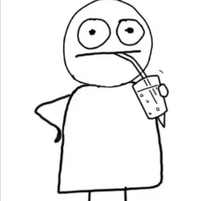 A simple hand-drawn stick figure stands with one hand on its hip while sipping from a juice box through a straw, looking bored or exhausted.

The image humorously illustrates the post's theme of being glued to X all day without going outside, with the slack, unenthusiastic expression and the casual "stay inside and hydrate" vibe perfectly matching the "no touching grass" sentiment.