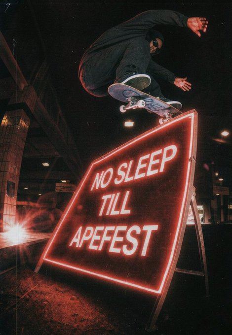 A skateboarder performs an aerial trick over a glowing red neon sign that reads "NO SLEEP TILL APEFEST," perfectly capturing the gritty, sleepless energy of the post's caption.