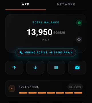 A mobile app dashboard screenshot showing a 'TOTAL BALANCE' of 13,950 PAX, with 'MINING ACTIVE: +8.07003 PAX/h' and a 'NODE UPTIME' bar at 62/7 Days.