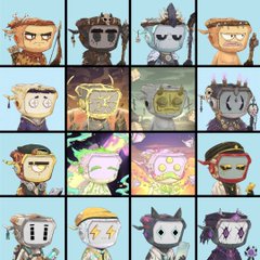 A grid of 16 NFT-style cartoon character avatars featuring various costumes, expressions, and traits including crowns, sunglasses, and weapons.
