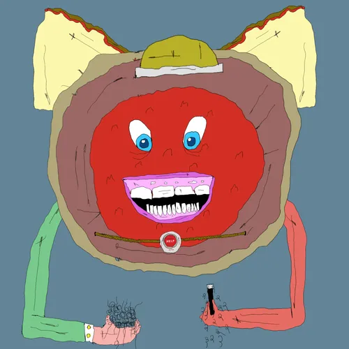 A grotesque cartoon drawing shows a red-faced character wearing a yellow hat with large ears, holding a lighter and a clump of hair.