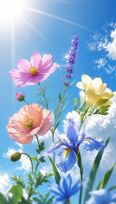 A vibrant bouquet of flowers—including pink cosmos, a peach poppy, purple salvia, a yellow lily, and a blue iris—blooms against a bright blue sky with sun rays shining from the upper left and scattered white clouds.