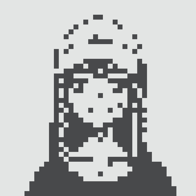 A stylized pixel art illustration in dark gray showing a hooded figure with stars/sparks emanating from above their head, rendered in a minimalist silhouette style.