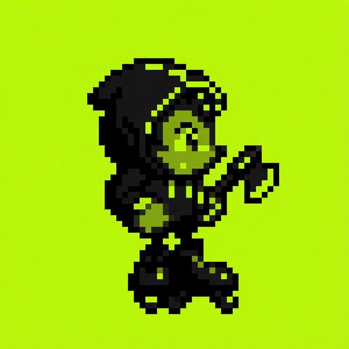 Pixel art of a shadowy black figure with glowing yellow-green accents in a dynamic pose against a bright lime green background.