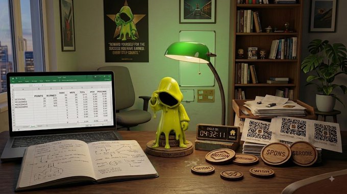 A cluttered desk scene shows a green figurine, laptop displaying a spreadsheet, an open notebook, QR codes, and coasters with words like 'MOTION', 'SPONS', and 'WISH'.