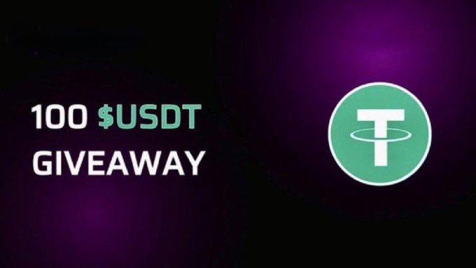 A promotional graphic with a purple background and green USDT (Tether) logo, displaying the text '100 $USDT GIVEAWAY'.