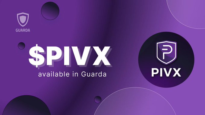 A purple promotional banner announcing '$PIVX available in Guarda' with the GUARDA shield logo and the circular PIVX coin emblem.