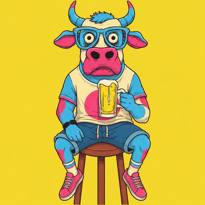 A vibrant cartoon illustration of a blue and pink cow wearing glasses, a t-shirt, and shorts, sitting on a stool while holding a mug of beer against a yellow background.