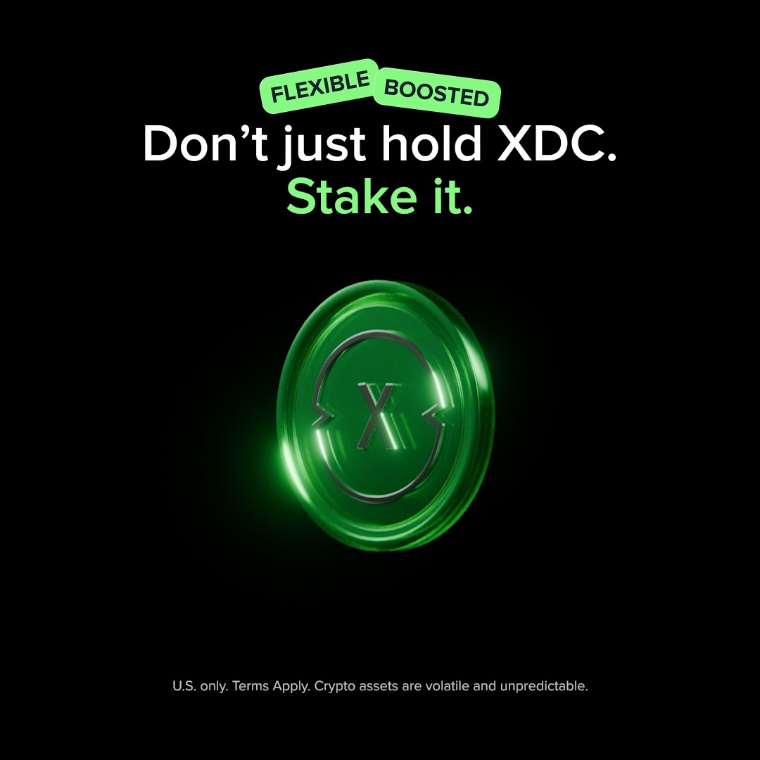 A green XDC coin floats against a black background beneath "FLEXIBLE" and "BOOSTED" badges, with the text "Don't just hold XDC. Stake it." and a disclaimer noting "U.S. only. Terms Apply. Crypto assets are volatile and unpredictable." The image visually promotes Uphold's two XDC staking options—Flexible and Boosted—highlighting both choices in matching green tags.