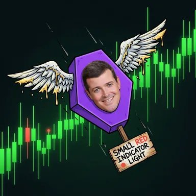 A cartoon image of a man's face on a purple hexagon with angel wings, set against a green candlestick chart, labeled 'SMALL RED INDICATOR LIGHT.'