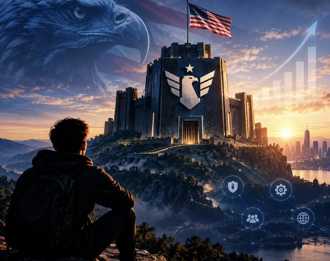 A dramatic digital artwork depicts a person looking out over a city with an eagle and American flag in the sky, with a fortress-like building on a hill featuring an eagle emblem, alongside digital icons for security, settings, people, and the internet.