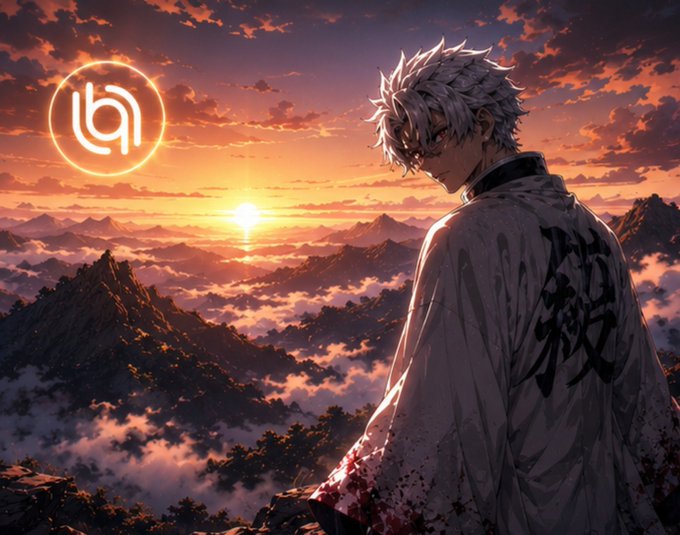 An anime-style illustration of a white-haired man in a blood-stained white coat looking out over a mountainous landscape at sunset, with a glowing logo in the sky.