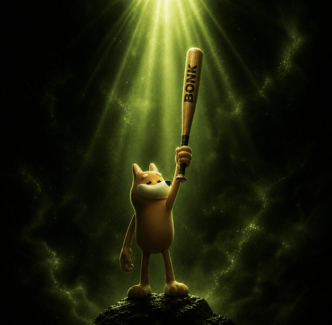 A 3D-rendered Shiba Inu dog stands on a rock, triumphantly holding up a wooden baseball bat labeled 'BONK' beneath a dramatic green spotlight.