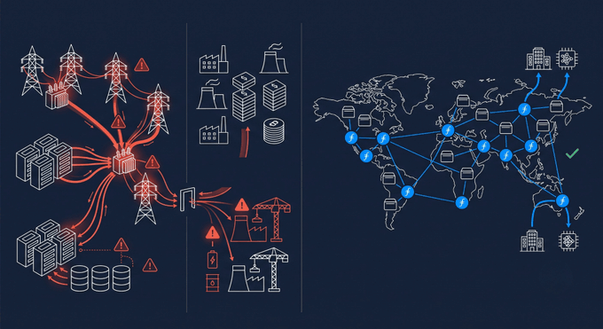 A split illustration contrasts two storage models: on the left, red warning icons and congestion lines depict fragmented, supply-constrained DDR5 memory allocations frustrating smaller OEMs, while on the right, a global network of Filecoin nodes (labeled "f") connected by blue lines illustrates an open, decentralized storage market with no tiered buyer hierarchy.