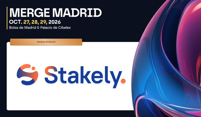 A promotional graphic for 'MERGE MADRID' event on Oct. 27, 28, 29, 2026 at Bolsa de Madrid & Palacio de Cibeles, featuring a 'BRONZE SPONSOR' section highlighting 'Stakely.'