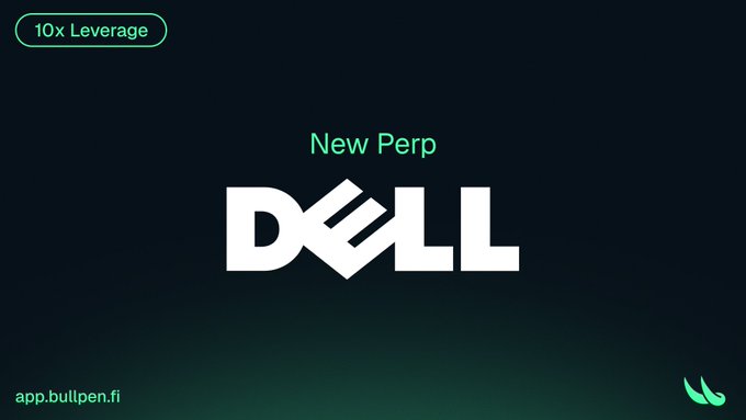 The image features a poster for a new product, "New Perp", by Dell. The poster has a dark blue background with white text that reads "10X Leverage" at the top. Below this, there's a green logo of the company Dell. The poster also includes a small bird icon in the bottom right corner.