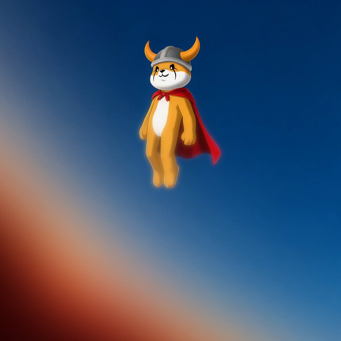 A cartoon Shiba Inu dog dressed as a Viking with a horned helmet and red cape floats above a gradient sky, embodying the message "Rise above the noise" by soaring majestically against a backdrop of blue and warm orange hues.