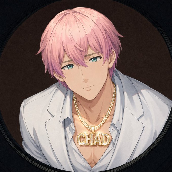 An anime-style character with pink hair wearing a white blazer displays a gold chain necklace with a "CHAD" pendant, humorously referencing the "chad" meme to convey confidence while studying $RIVER tech.