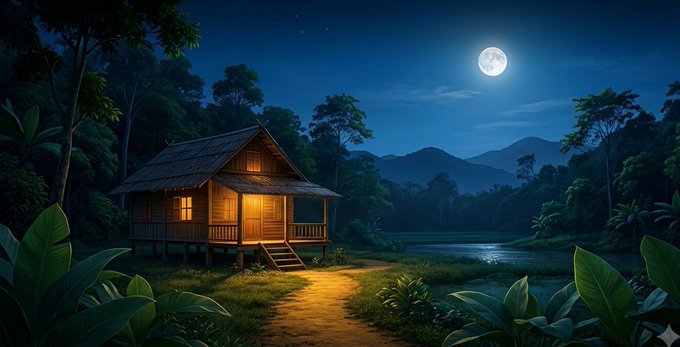 A wooden cabin illuminated at night beside a lake, surrounded by lush jungle vegetation under a full moon.