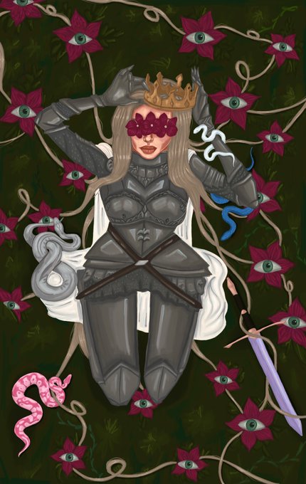 A fantasy illustration of a crowned woman in dark armor with a red mask, surrounded by red flowers containing eyes, snakes, and a dagger.