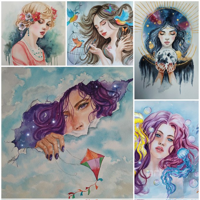 A collage of four watercolor-style fantasy illustrations featuring women: one with flowers in her hair, one with birds around her, one holding a glowing moon orb, and one with purple hair holding a kite amid the clouds.