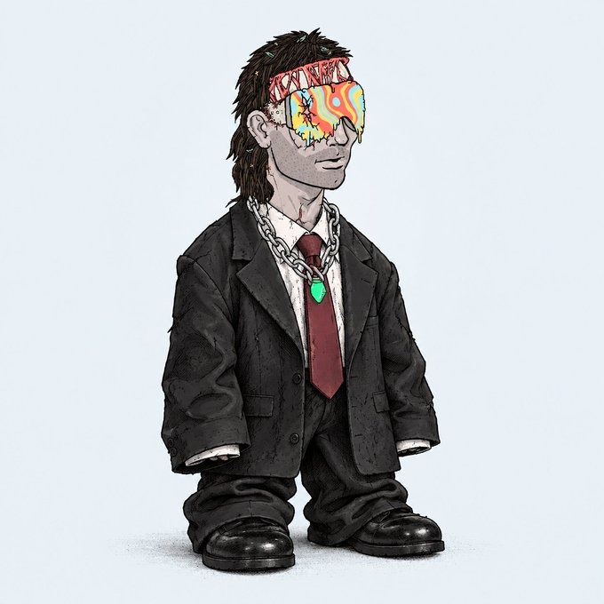 A digital illustration of a stylized character wearing an oversized black suit with a red tie, silver chain necklace with a green pendant, and reflective psychedelic sunglasses.