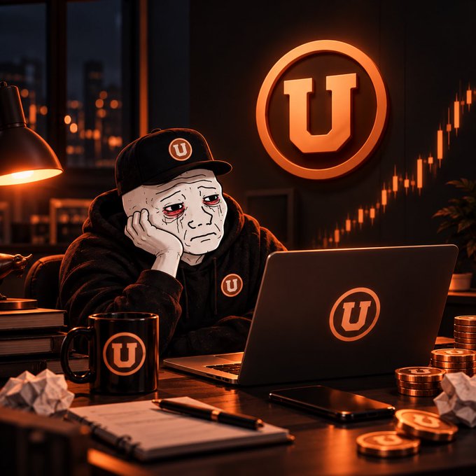 An AI-generated illustration of a sad 'doomer' character wearing a black hoodie and cap with a 'U' logo, sitting at a desk with a laptop, mug, and gold coins branded with the 'U' logo in a dimly lit room.
