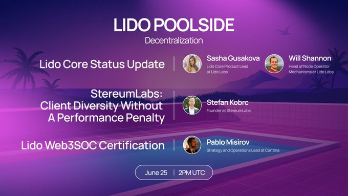 The image features a poster for an event related to the Lido poolside ecosystem. The poster includes information about the event, such as its date (June 22nd) and time (2 PM). It also highlights that there will be three speakers at the event, with one being a web developer named Pablo Misikov. Additionally, it mentions that the event is related to the Lido poolside ecosystem, which includes topics like web3SOC certification, client diversity without a performance penalty, and other relevant subjects. The poster also provides details about the Lido Web35SOC Certification, which is an important aspect of the Lido ecosystem.