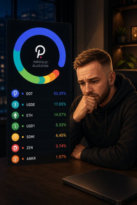 The image features a man sitting at a desk, intently looking at his laptop screen. The man appears to be focused on something displayed on his computer monitor, which may contain information about his cryptocurrency portfolio or trading strategies. His laptop's screen shows several colors and numbers that can be used to represent different cryptocurrency values in dollars, as well as various indicators of market performance. 

The post he is looking at is titled "GM CT My portfolio isn' exactly something to brag about", suggesting that the man is proud of his achievements in this field. The text on the screen indicates that his portfolio consists mostly of a token called "DOT," and it has seen an increase from around $10 to its current average entry value at $3.03. This implies that he's experienced growth in his investments over time, as well as making some smart decisions when it comes to buying and selling cryptocurrencies.