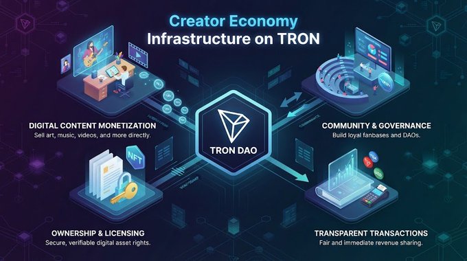 An infographic titled 'Creator Economy Infrastructure on TRON' showing four key features: Digital Content Monetization, Community & Governance, Ownership & Licensing, and Transparent Transactions, all connected through TRON DAO.